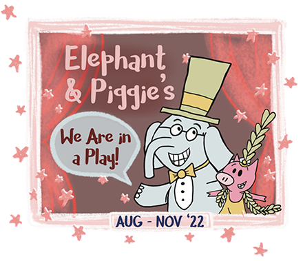 Title: Elephant and Piggie's We Are in a Play! with Elephant and Piggie smiling in fancy clothes.
