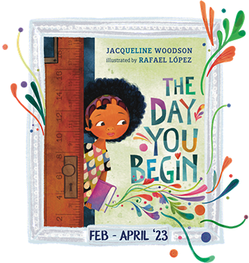 Title: The Day You Begin. Image: A young child with brown skin and curly dark hair hold a book and peeks out behind a door, looking at the colorful, whimsical words. Multicolored swirls emanate from the light green background out past the borders of the image.