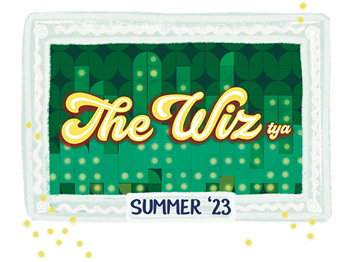 Title The Wiz t.y.a. in yellow bubble letters in front of an abstract Emerald City skyline
